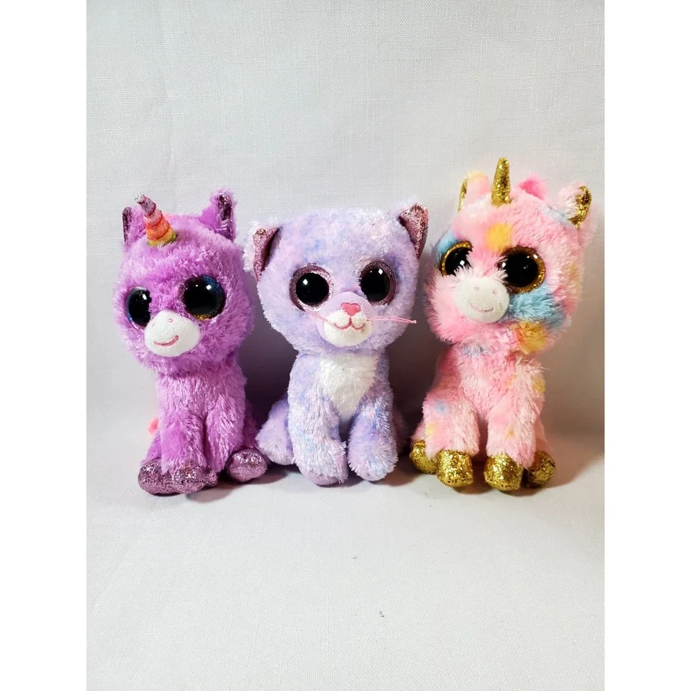 Lot Of 3 ● ty Silk Beanie Boos Plush ● Unicorns & Cat Big‎ Eye Stuffed Animals